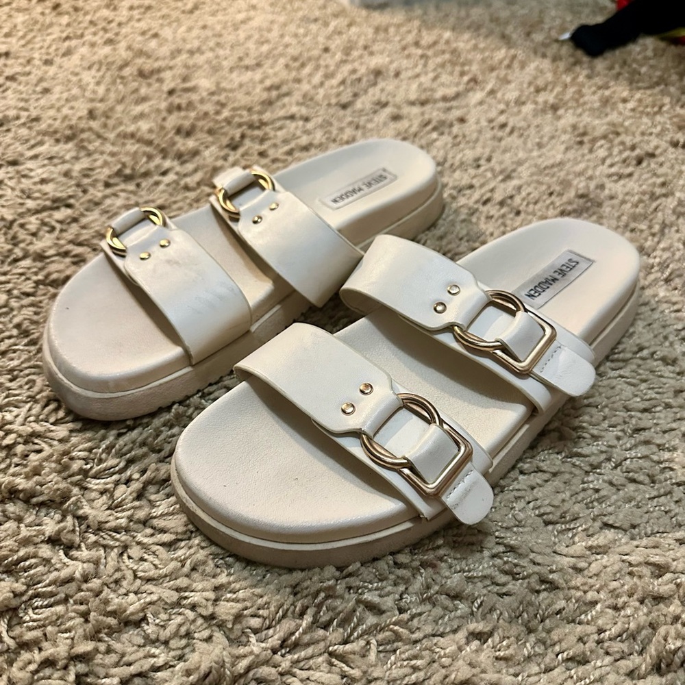 Steve Madden Cream Slide Sandals with Gold Accents